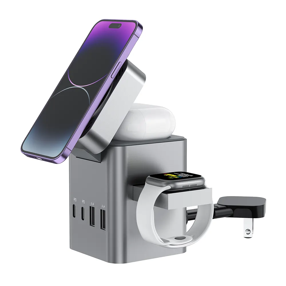Multifunction Cube Power Strip Magnetic Wireless Fast Charger Stand Desktop Cell Phone Charging Station With 2 Outlets & 4 USB Ports
