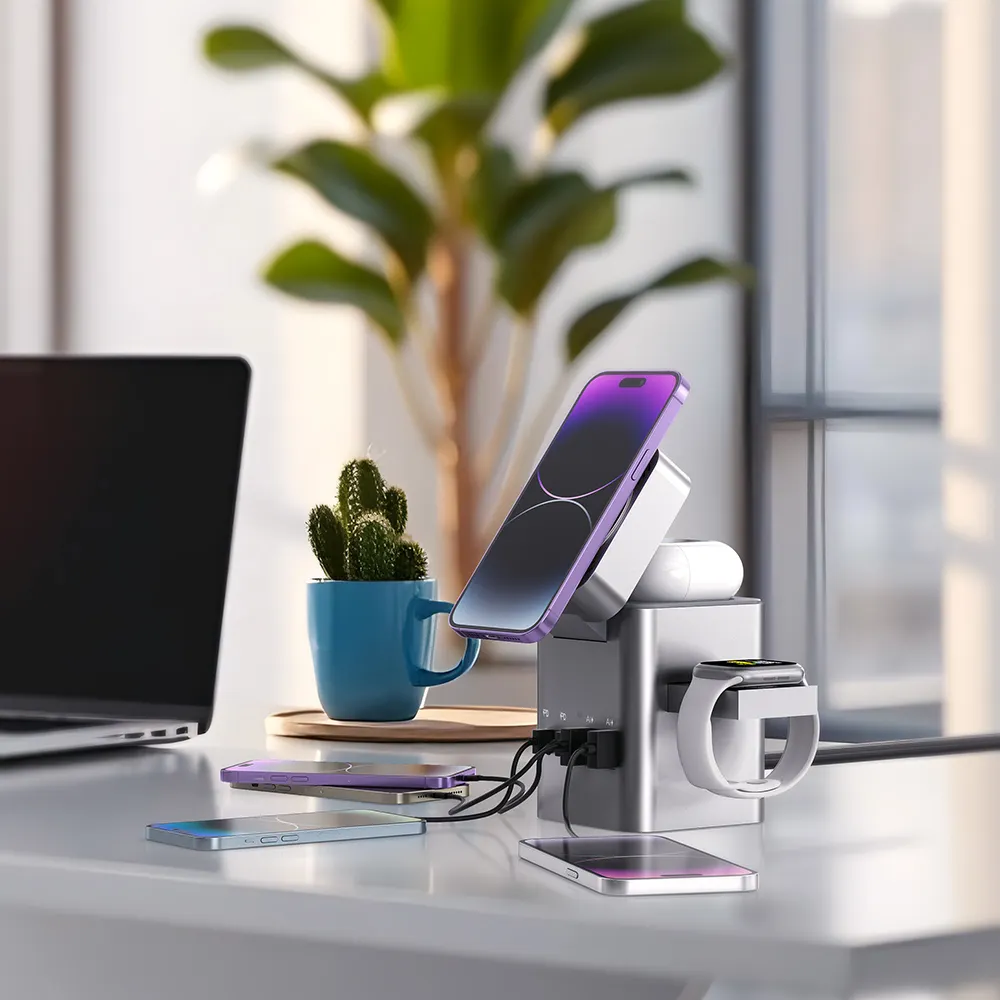 Multifunction Cube Power Strip Magnetic Wireless Fast Charger Stand Desktop Cell Phone Charging Station With 2 Outlets & 4 USB Ports