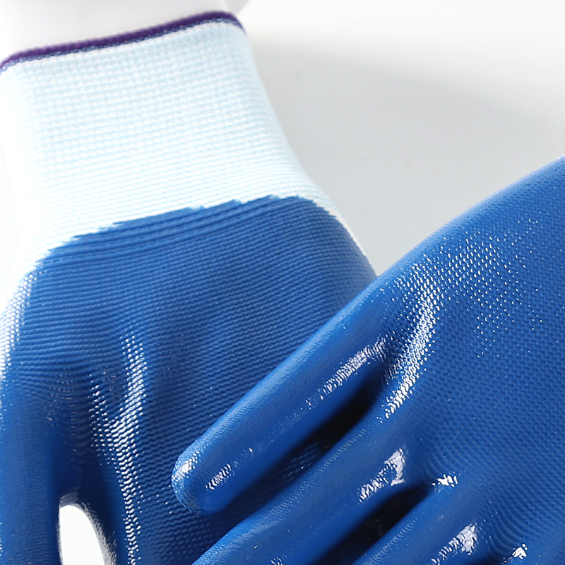 Top Selling 13 Gauge White Polyester Blue Nitrile Dipped Work Gloves