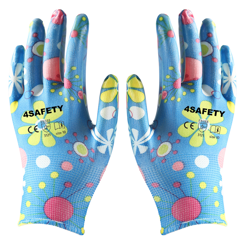 Flower Blue Nitrile Coated Polyester Gloves