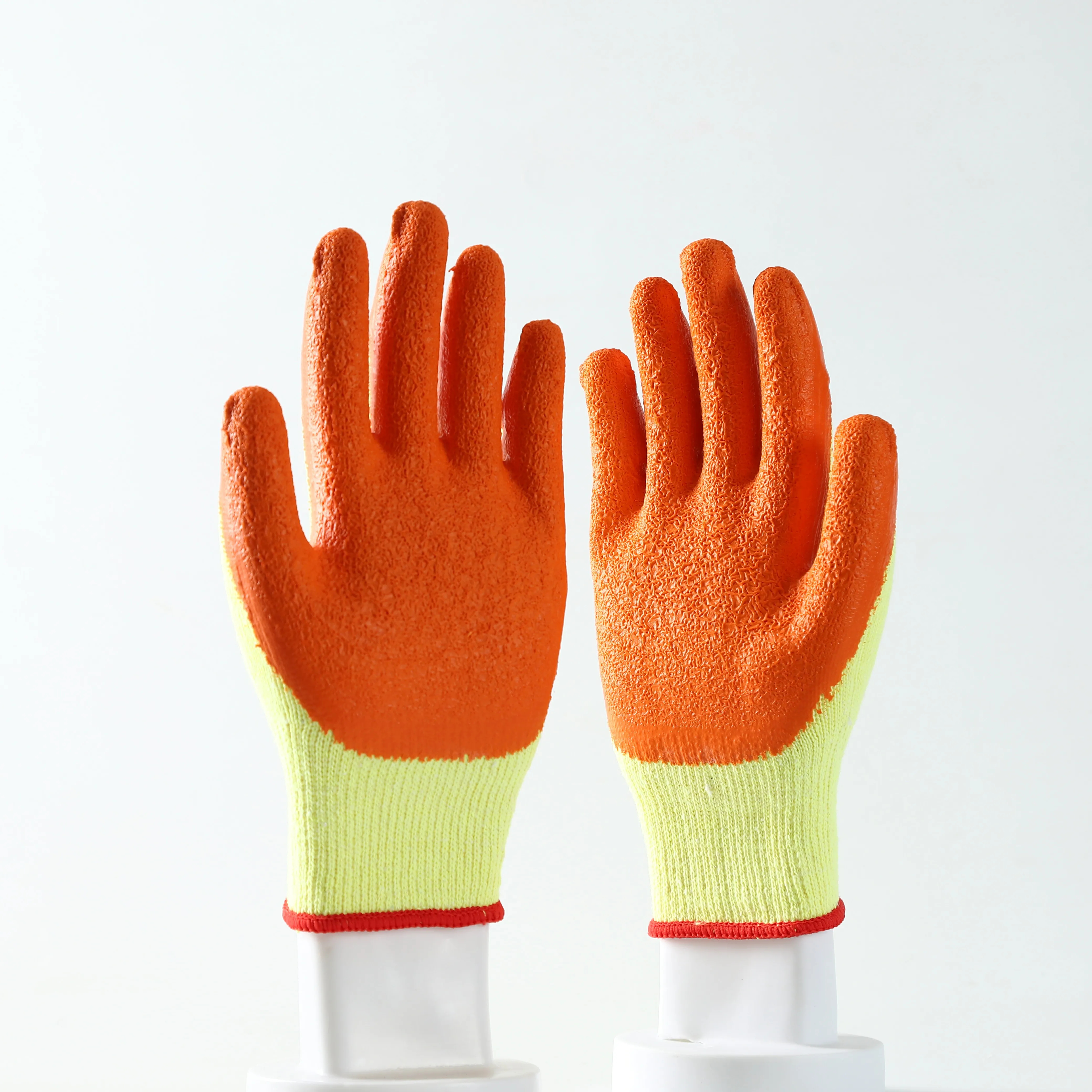 Yellow Polycotton yarn with orange latex crinkle coating gloves