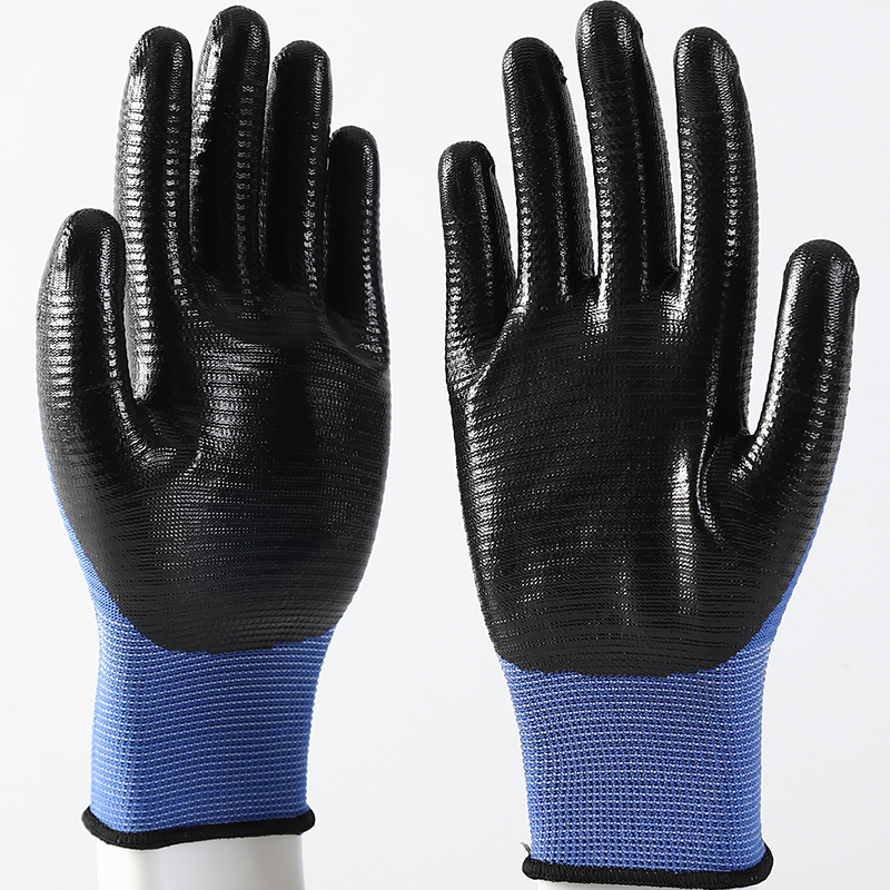 China Cheap 13 Gauge Blue Polyester Work Safety Gloves Coated Black Nitrile On Palm Per Pair