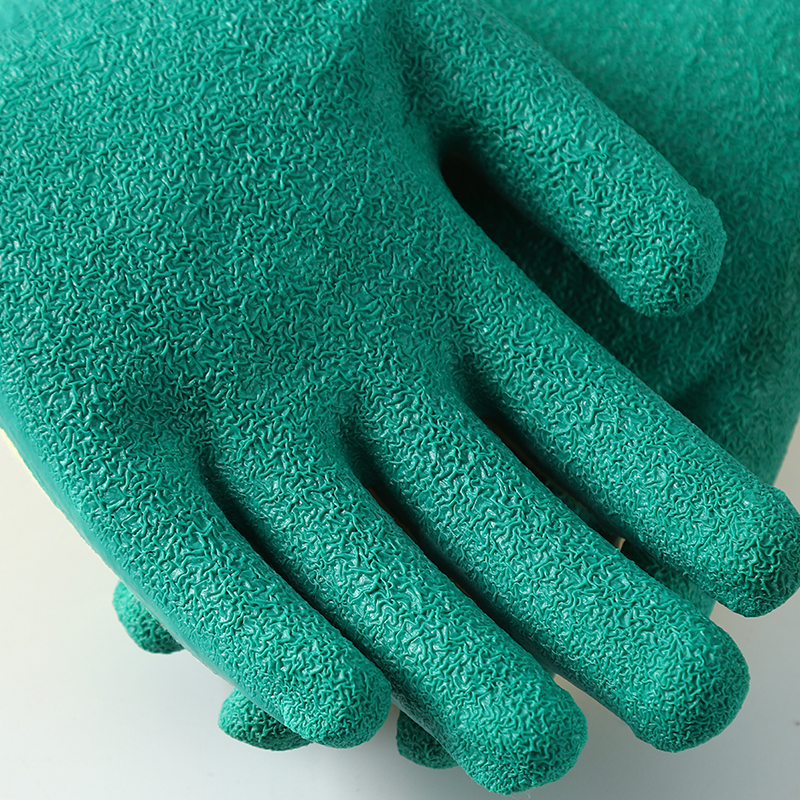                 Yellow cotton  with green latex crinkle coating gloves            