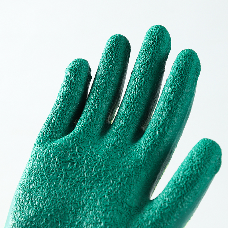 Yellow And Green Latex Coated Crinkle Wrinkle Cotton Gloves