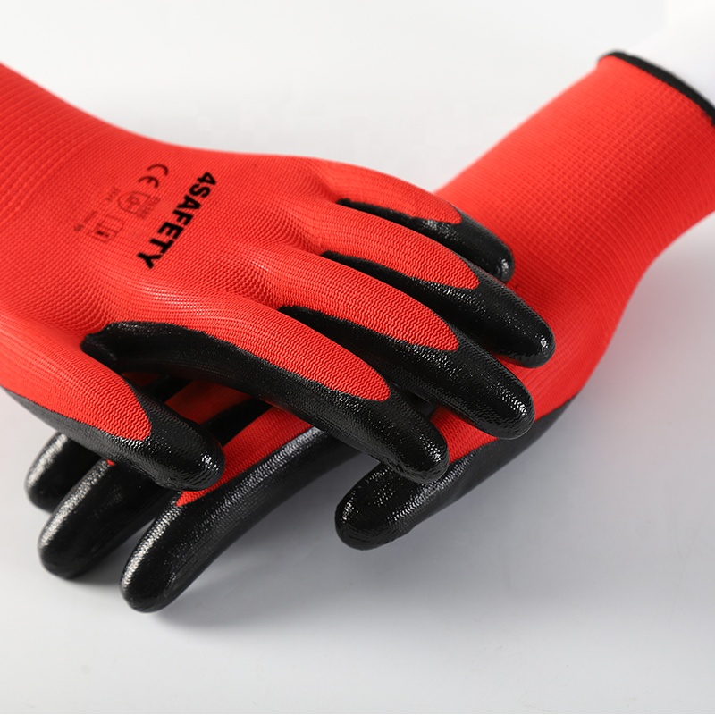 Custom 13G Polyester Red Shell Waterproof Oil Resistant Nitrile Coating Work Safety Gloves