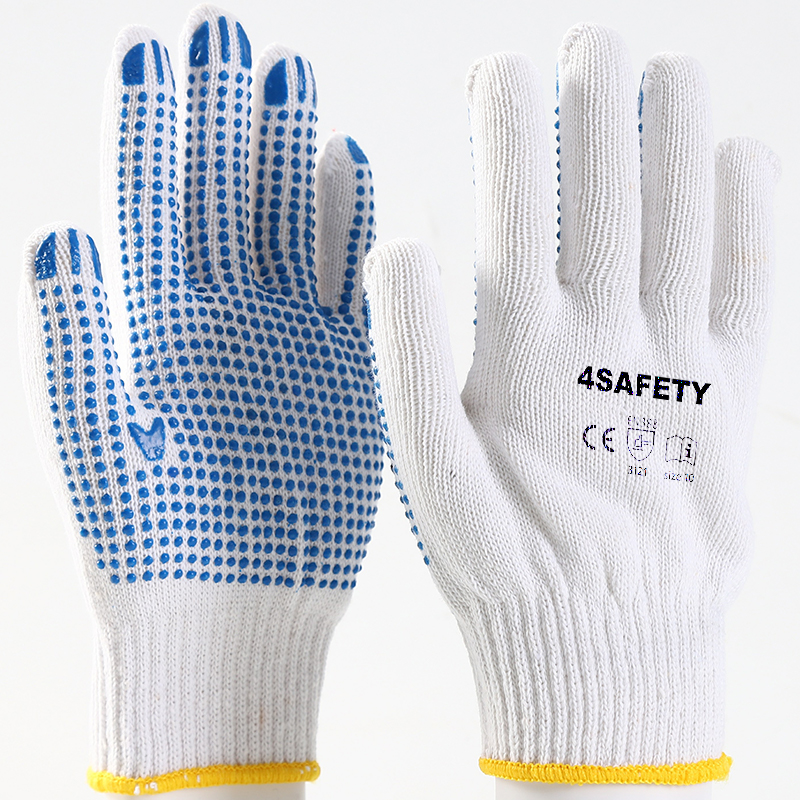 Blue color PVC dotted bleached white cotton gloves