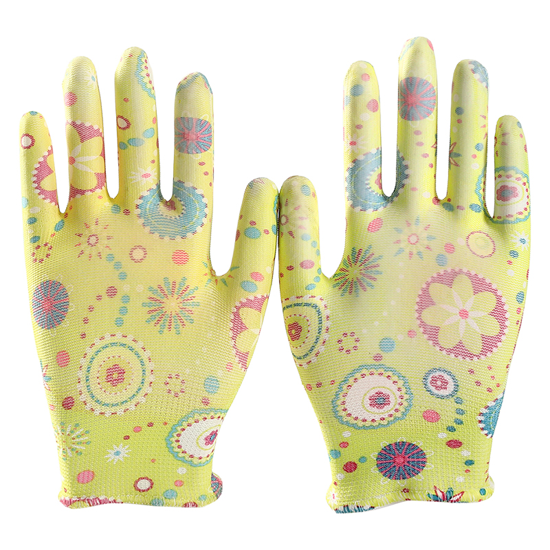 Safety Working 13 Gauge Flower Pattern Pu Coated Dipped Safety Hand Protective Gloves