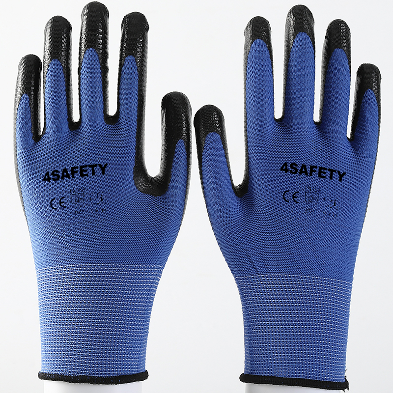                 Blue zebra polyester with black nitrile coating gloves            