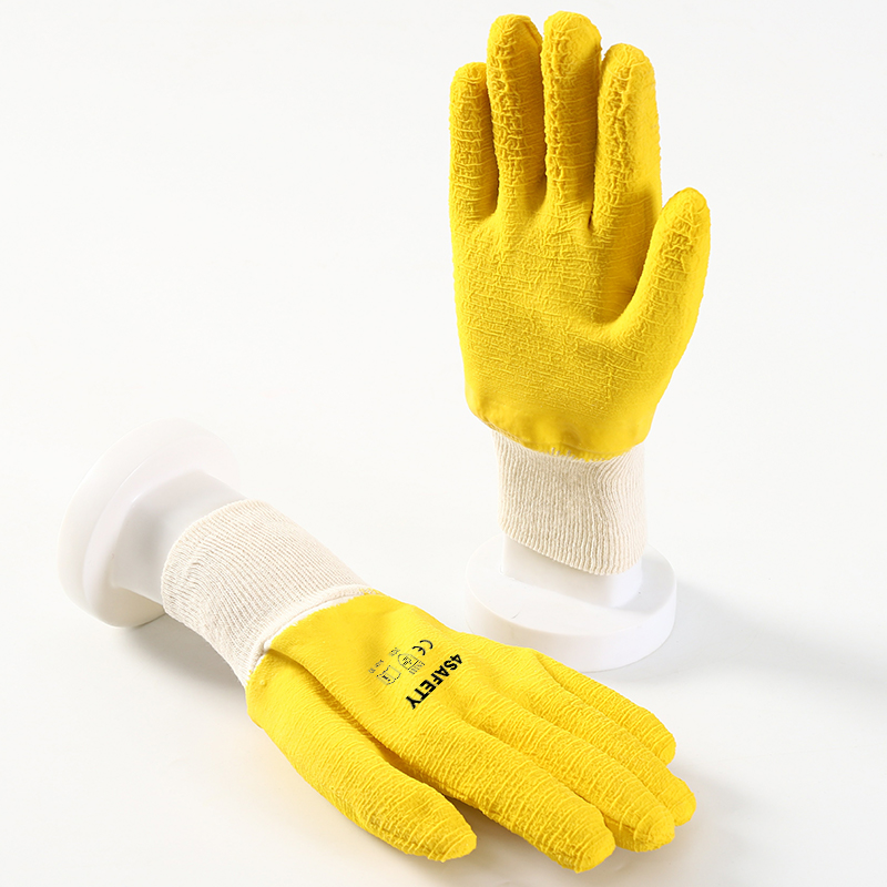 Cheap Promotional Heavy Duty Yellow Wrinkle Latex Coated Knit Wrist  Safety Working Gloves