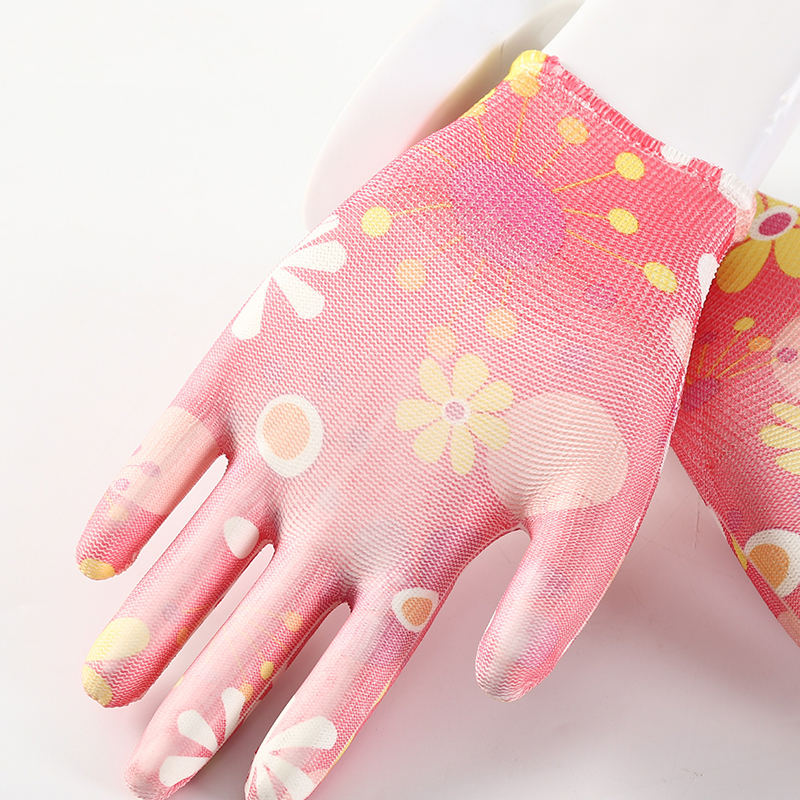 Custom Flower Pattern Women 13G Coated PU Working Safety Gloves
