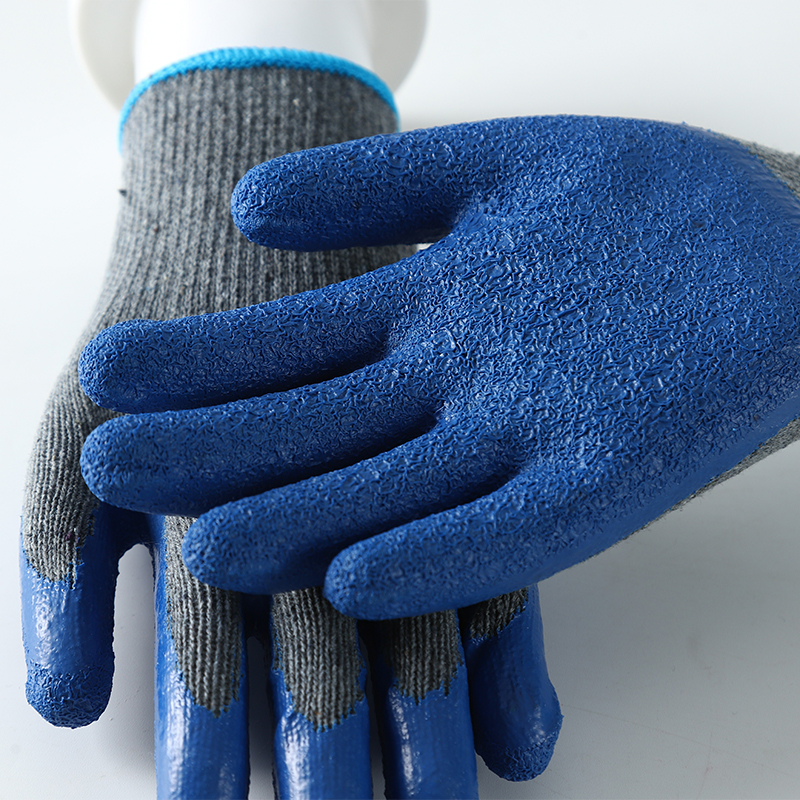 Gray And Blue Latex Coated White Cotton Liner Safety Working Wrinkle Latex Palm Gloves