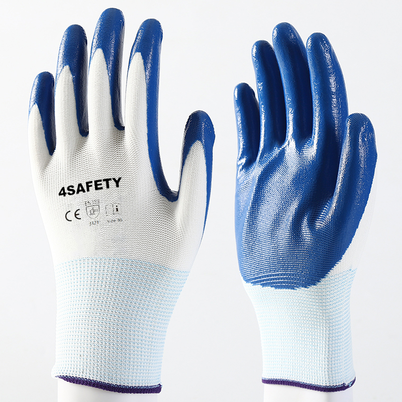 Blue And White Polyester Liner Nitrile Coated Palm Fit Safety Gloves