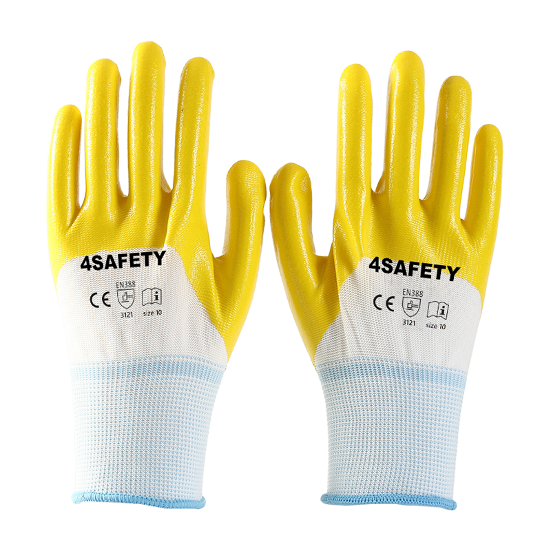 Yellow 13G Polyester Liner Nitrile Half Coated Work Gloves For Sale
