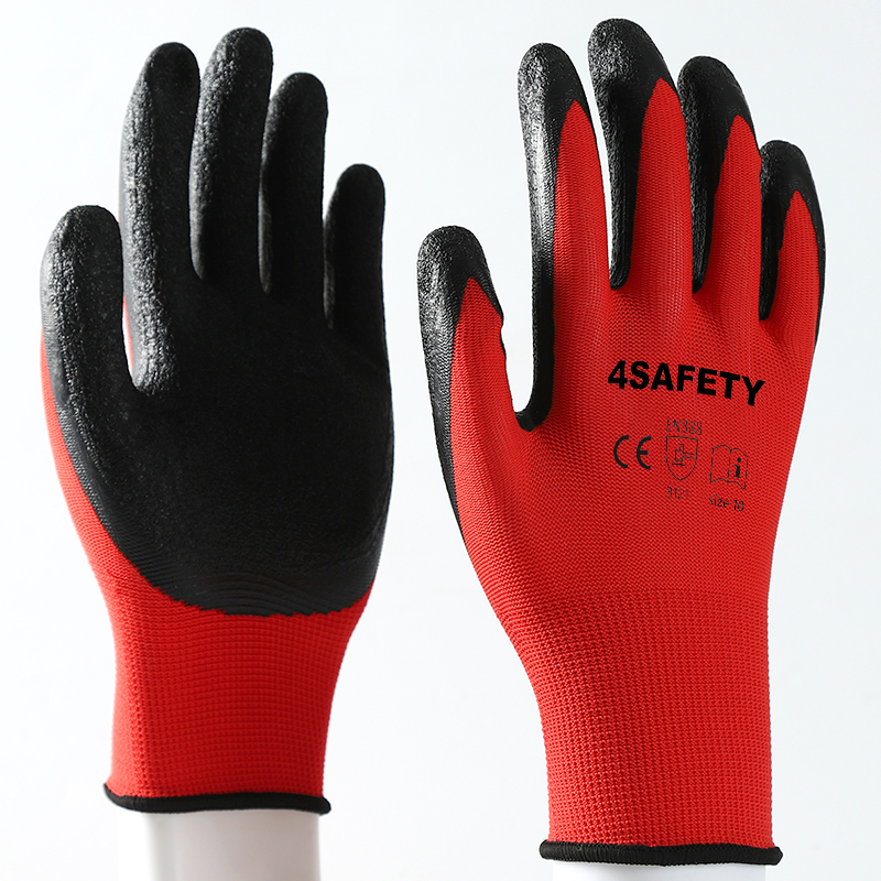                 Red polyester with black nitrile coating gloves            