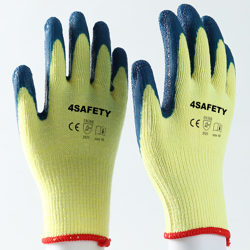 Yellow And Blue 10G Cotton Agriculture Safety Work Safety Latex Crinkle Palm Coated Hand Gloves
