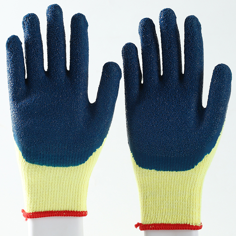                 Yellow cotton  with blue latex crinkle coating gloves            