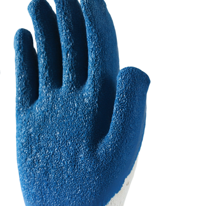                 White cotton  with blue latex crinkle coating gloves            