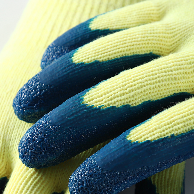                 Yellow cotton  with blue latex crinkle coating gloves            