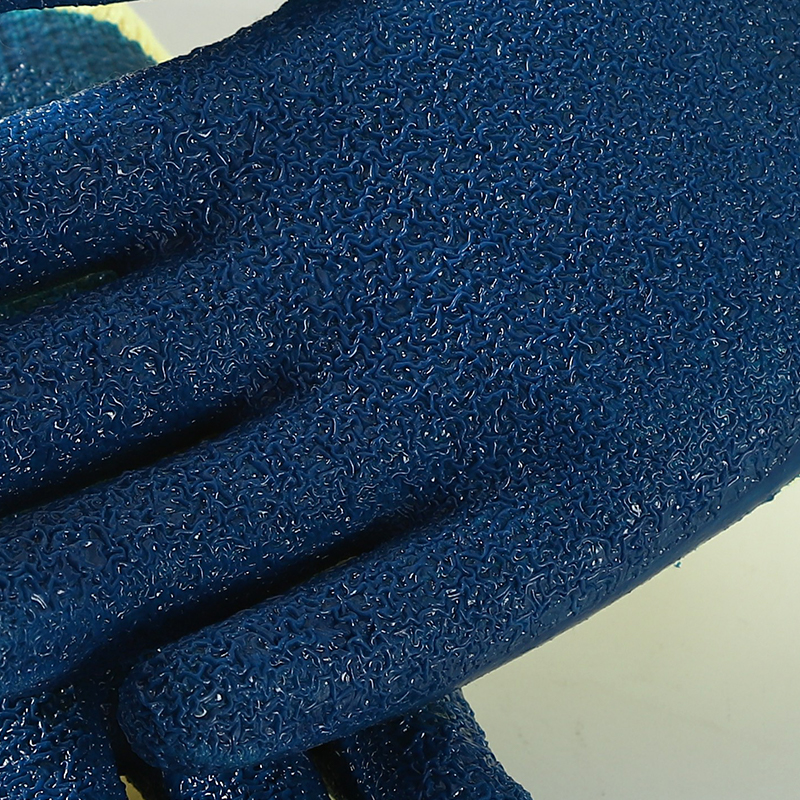 Yellow And Blue 10G Cotton Agriculture Safety Work Safety Latex Crinkle Palm Coated Hand Gloves