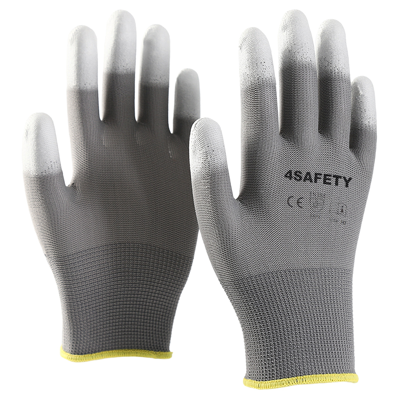 Hot Sale Grey Pu Finger Coated Glowes Working Polyester Lining Pu Dipping Safety Working Gloves