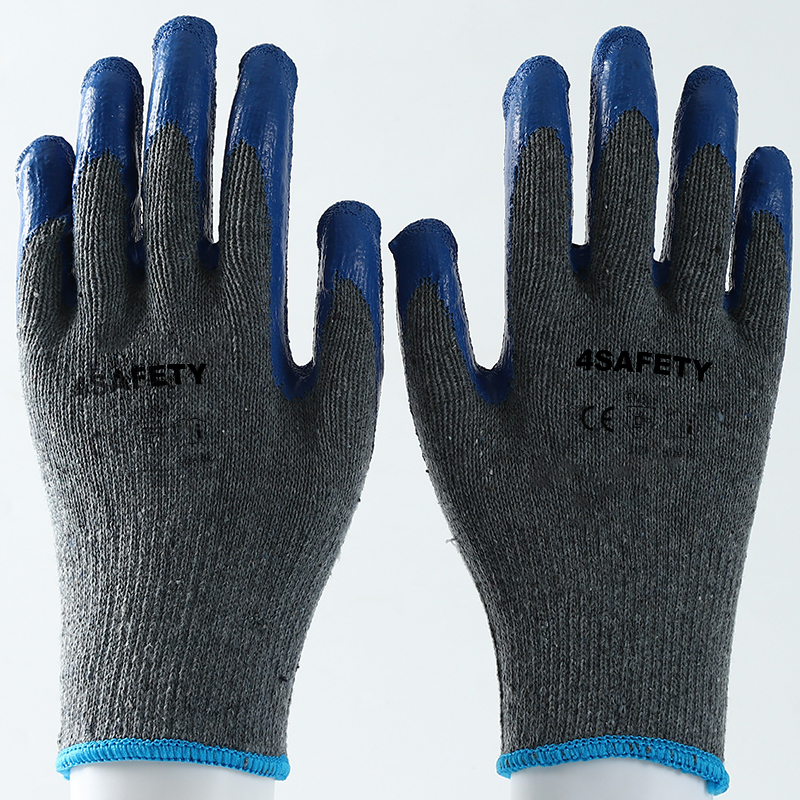 Gray And Blue Latex Coated White Cotton Liner Safety Working Wrinkle Latex Palm Gloves