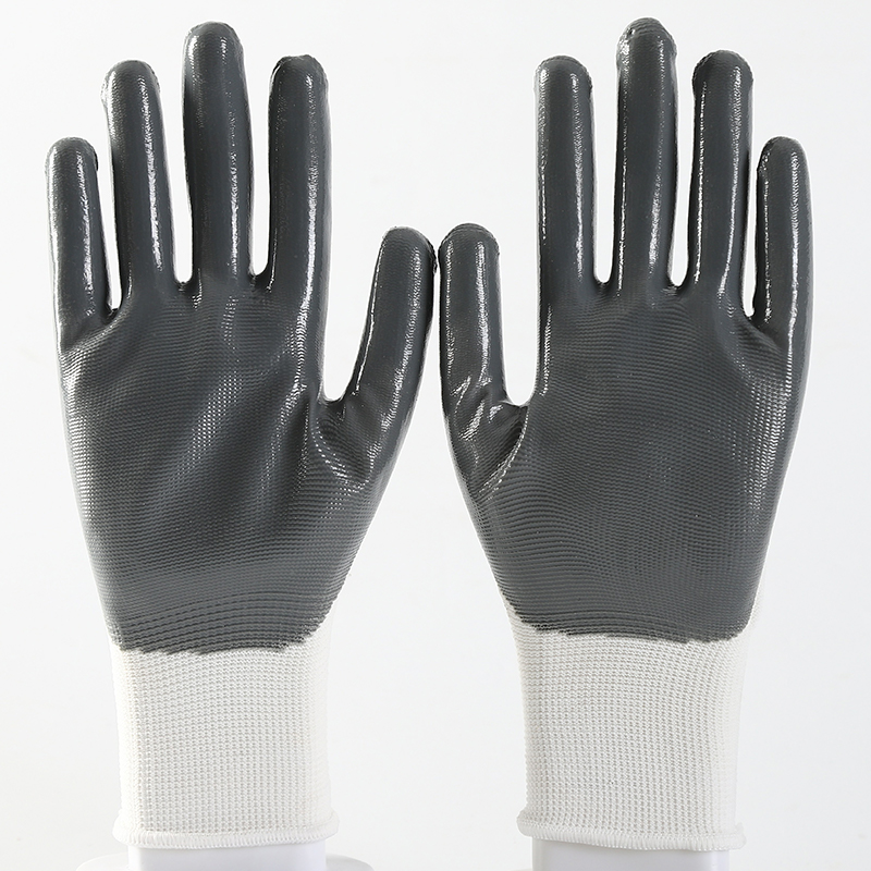                 White polyester with gray nitrile coating gloves            