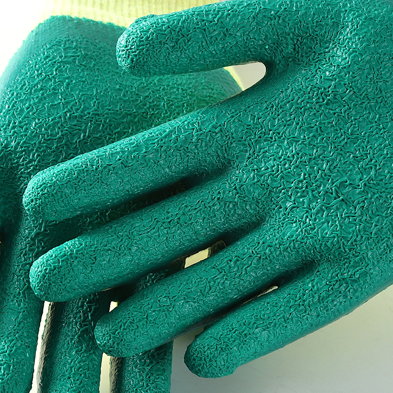 Custom Knit Cotton Lined Green Yellow Double Coating Palm Latex Dipped Gloves