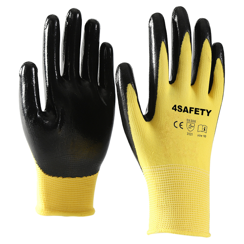 Good Quality 13G Polyester Industry Safety Cheap Black Nitrile Coated Gloves Work
