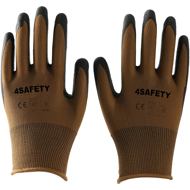 Hot Selling Brown Polyester Latex Coated Gloves Safety Work Construction General Purpose Gloves