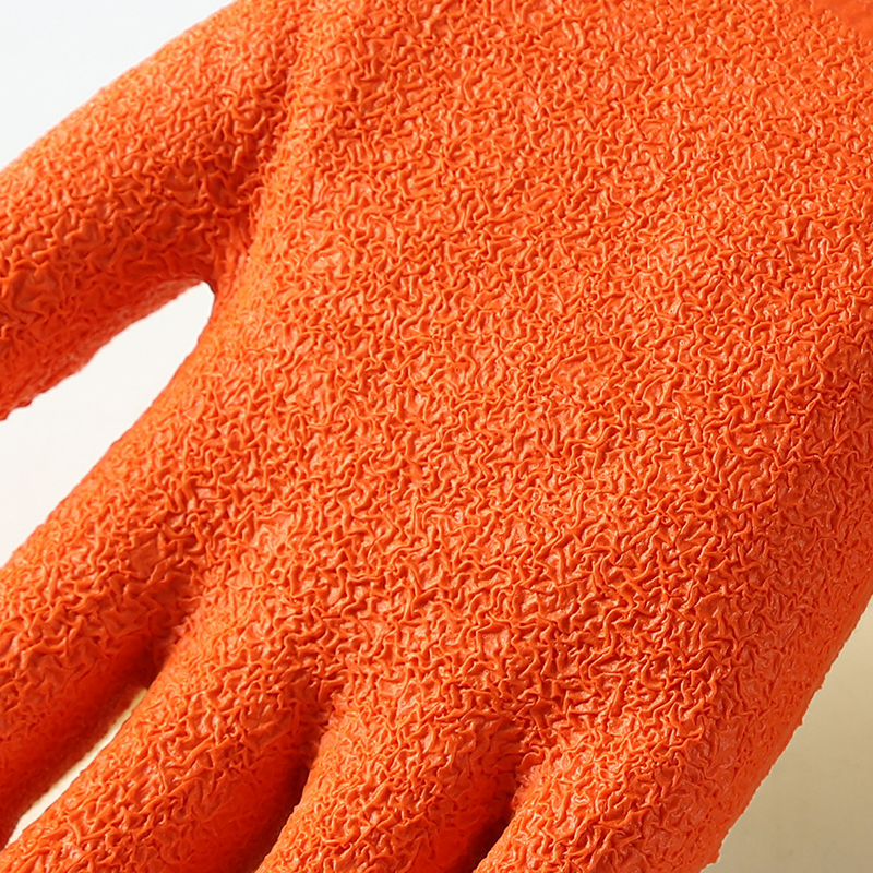                 Yellow cotton  with orange latex crinkle coating gloves            