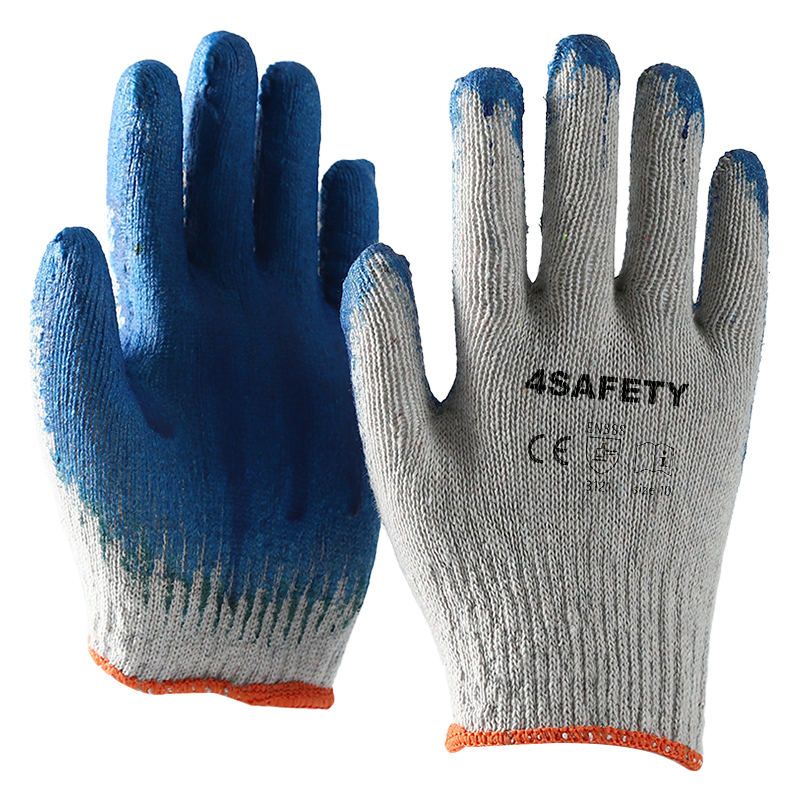                 White cotton with blue latex smooth coating gloves            