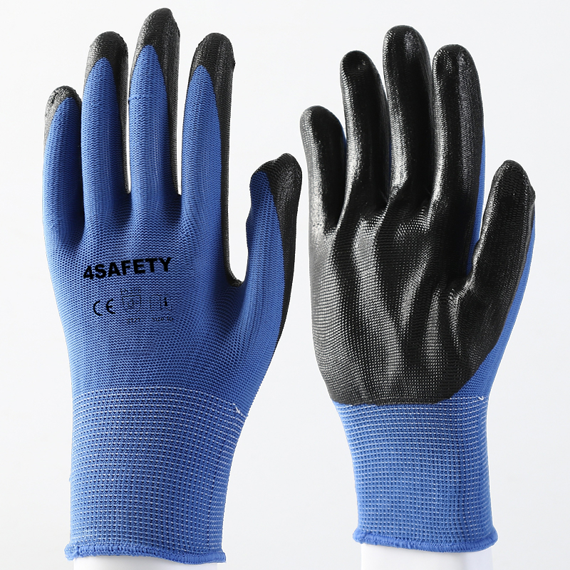 Custom 13 Gauge Black Nitrile Coated Blue Work Safety Gloves
