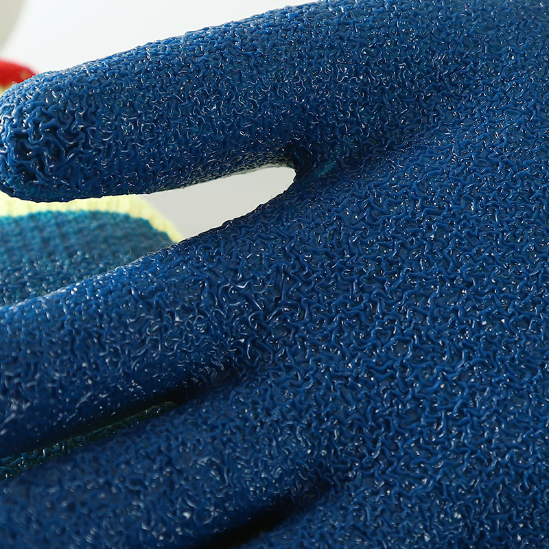                 Yellow cotton  with blue latex crinkle coating gloves            