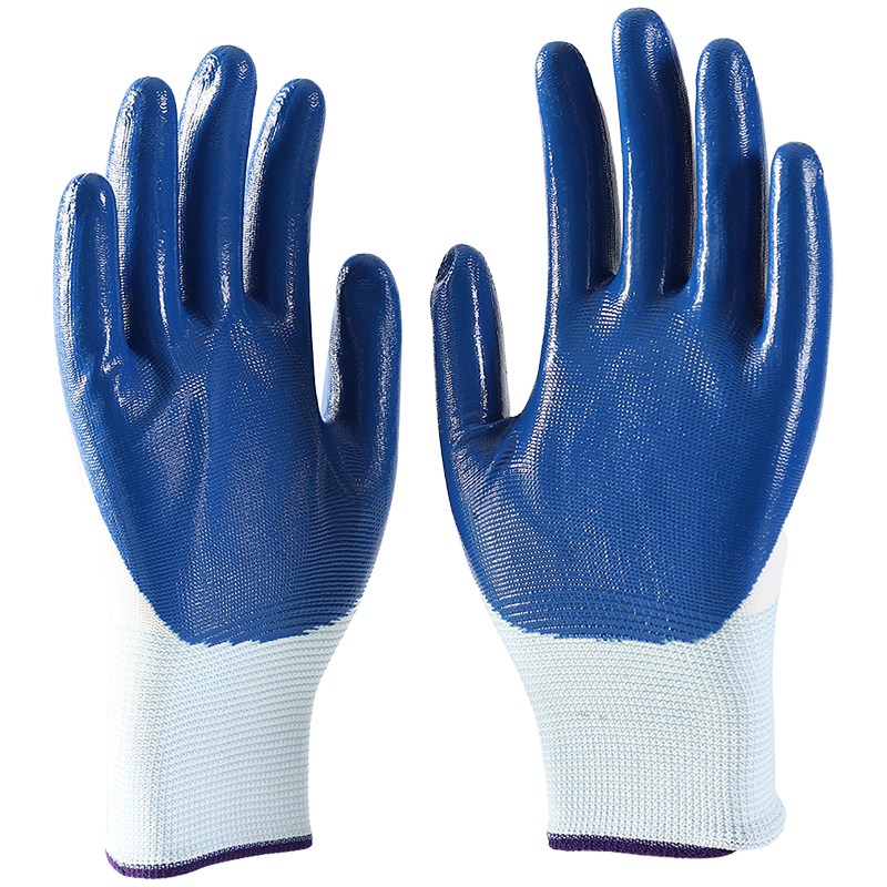                 White polyester with blue nitrile coating gloves            