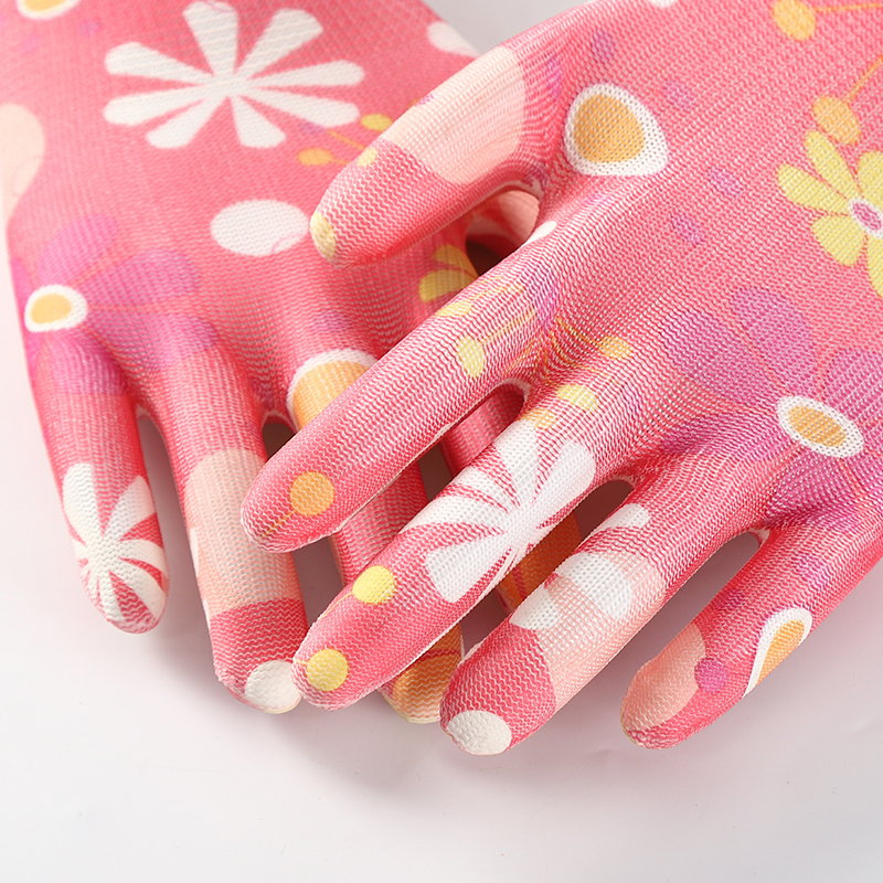 Custom Flower Pattern Women 13G Coated PU Working Safety Gloves