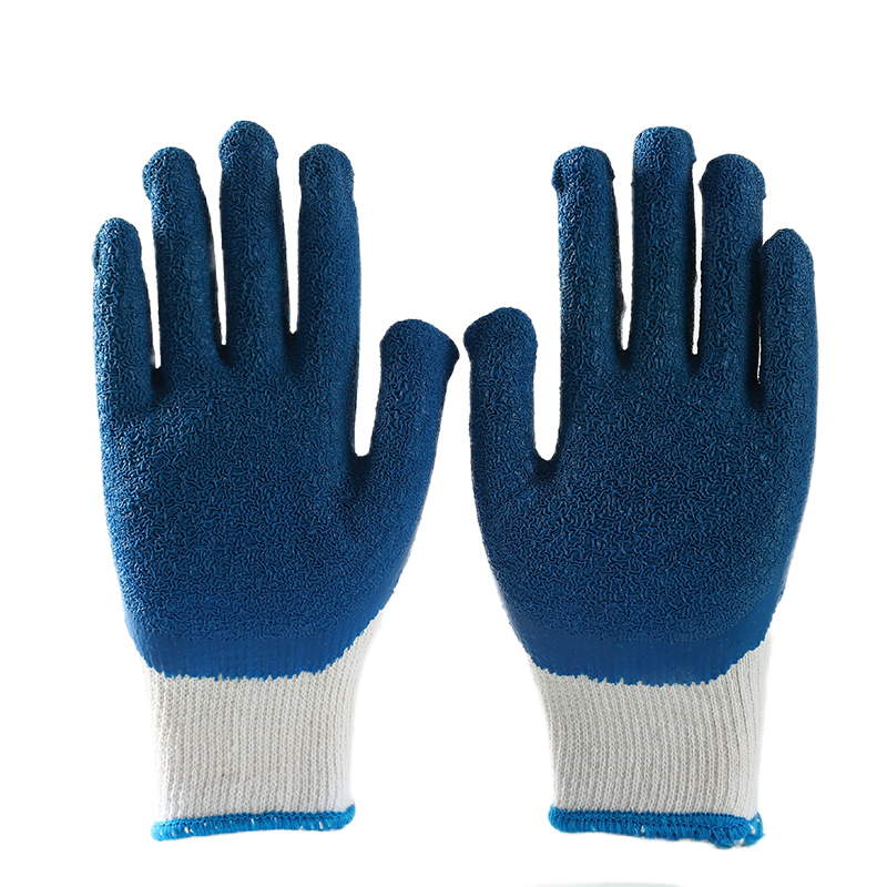                 White cotton  with blue latex crinkle coating gloves            