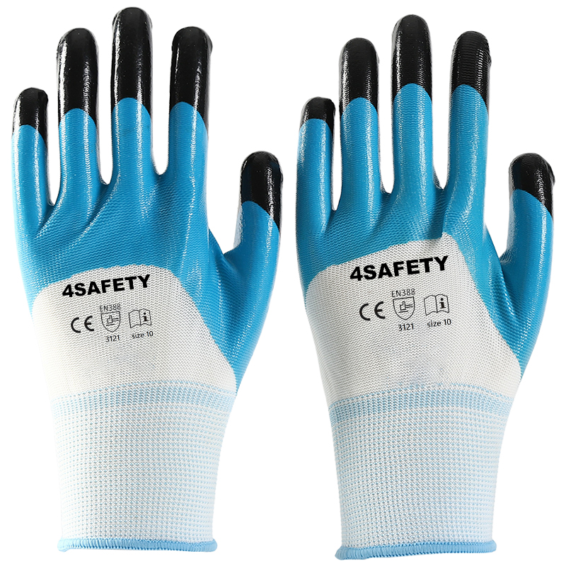 Black Dip Blue Color Nitrile Half Coated Polyester Gloves