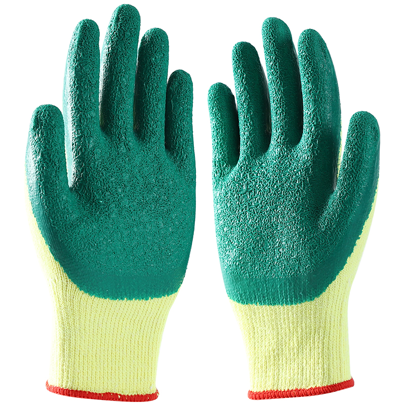 Custom Knit Cotton Lined Green Yellow Double Coating Palm Latex Dipped Gloves