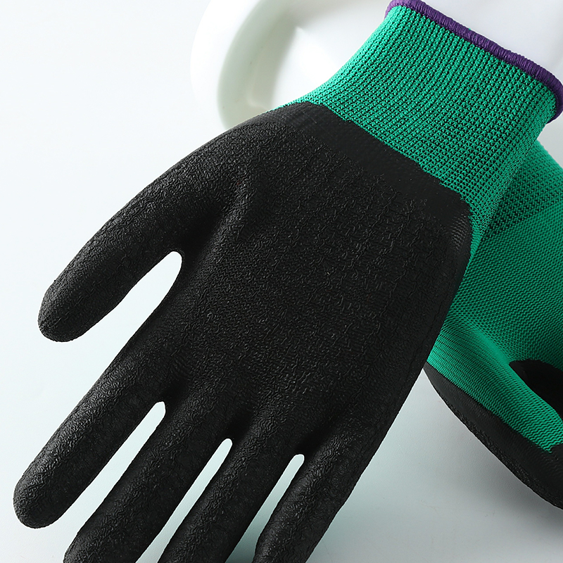                 Green polyester with black crinkle latex coated gloves            