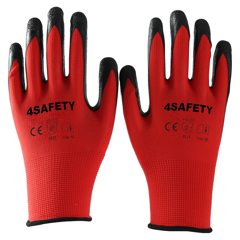                 Red polyester with black nitrile coating gloves            