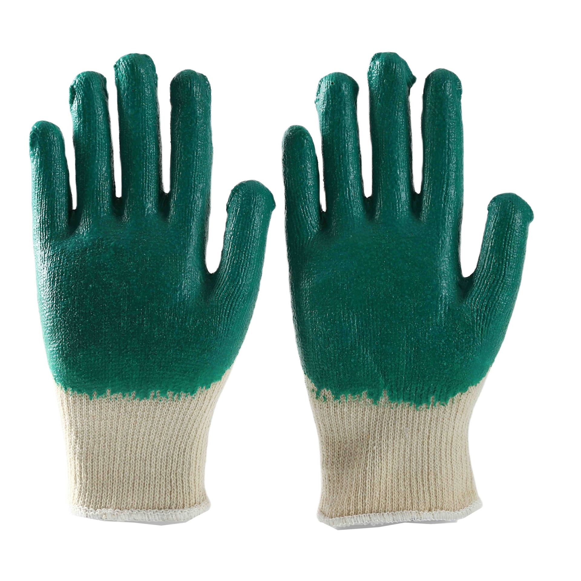                 White cotton with green latex smooth coating gloves            