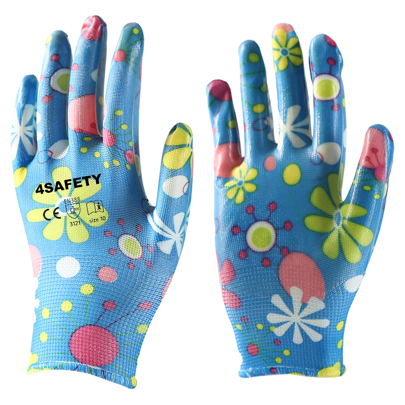 Flower Blue Nitrile Coated Polyester Gloves