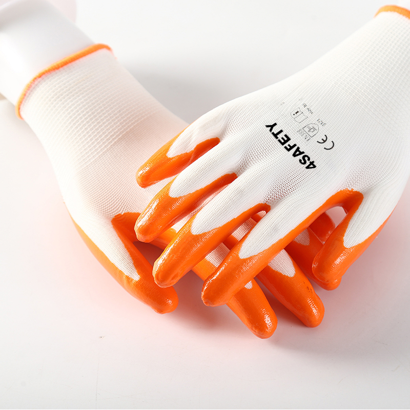 13G Polyester Waterproof Safety Work Orange Nitrile Coated Gloves