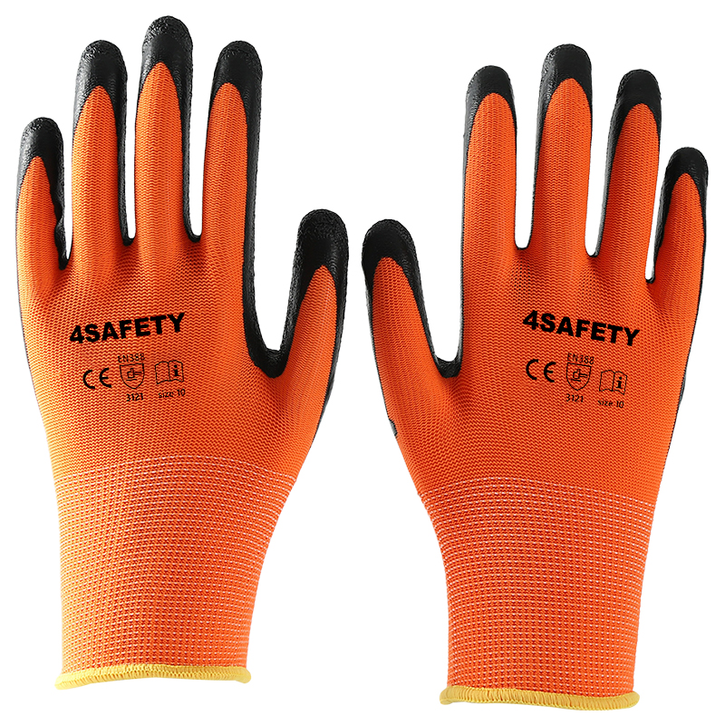                 Orange polyester with black crinkle latex coated gloves            