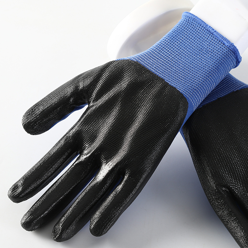 Custom 13 Gauge Black Nitrile Coated Blue Work Safety Gloves