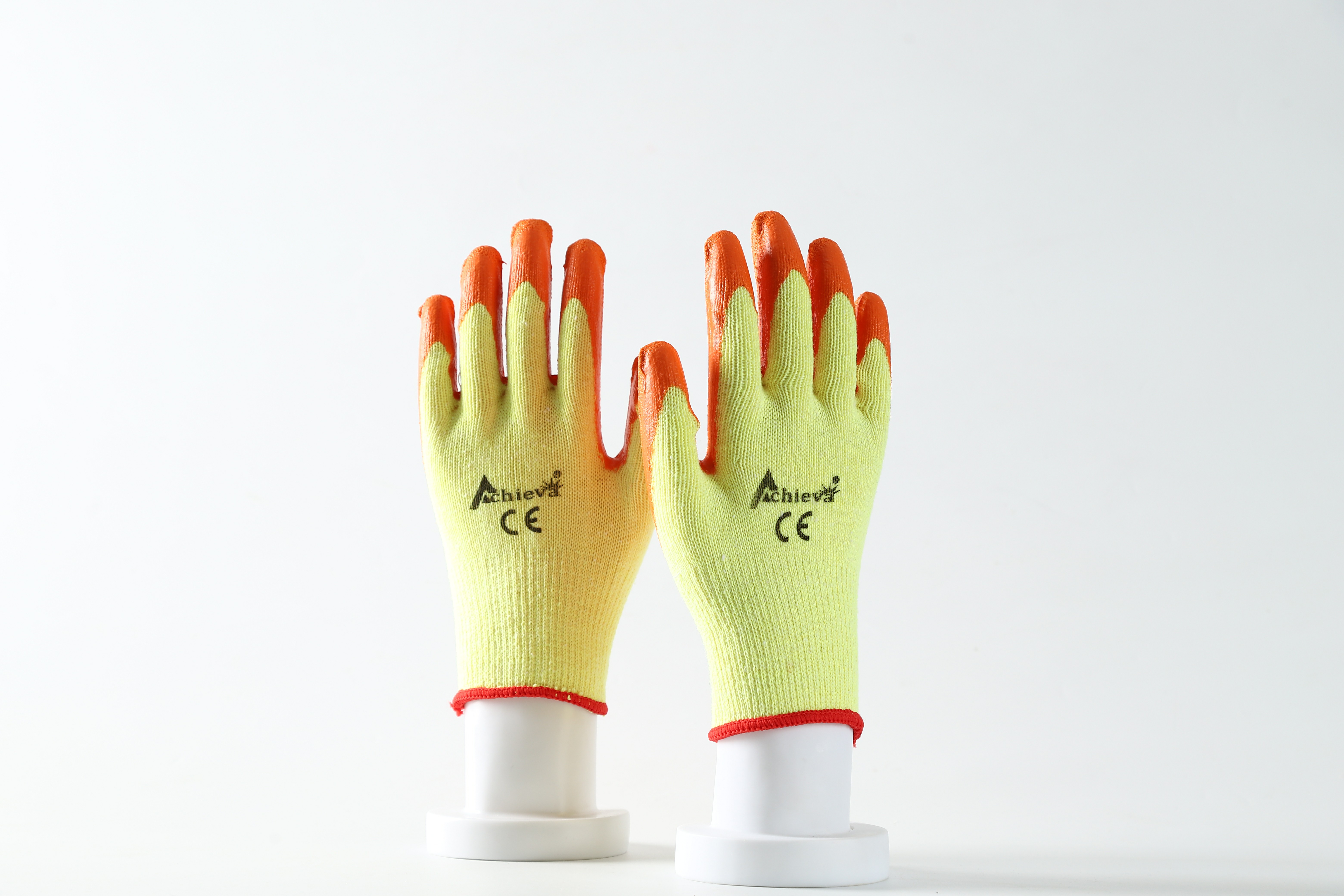 Yellow Polycotton yarn with orange latex crinkle coating gloves