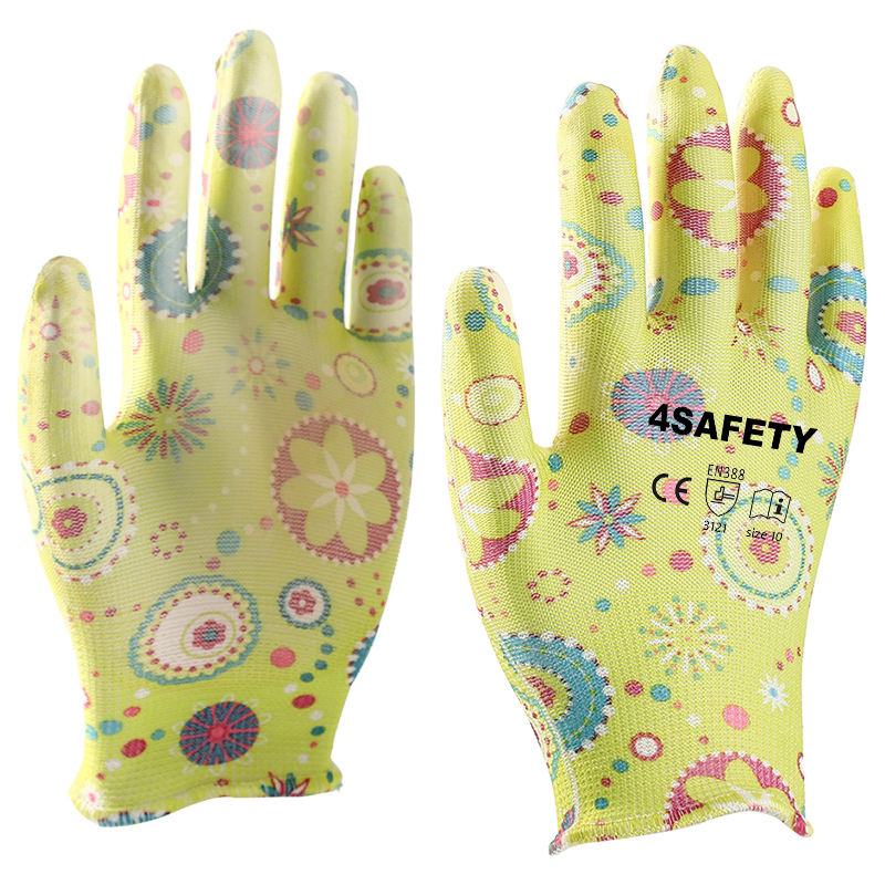 Yellow Flower Anti Static PU Coated Polyester Gloves