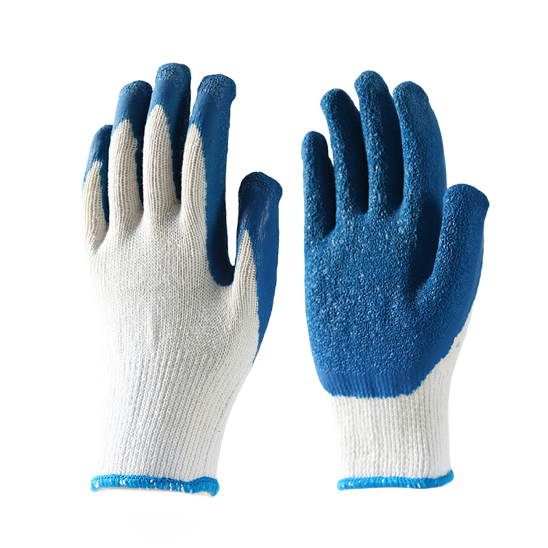                 White cotton  with blue latex crinkle coating gloves            