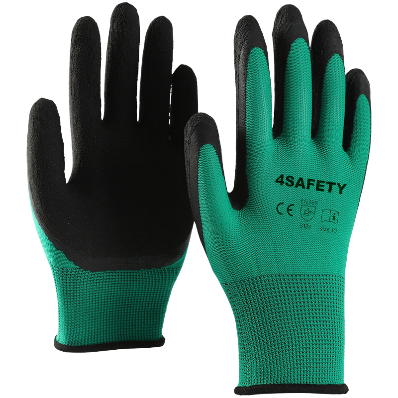 Green And Black Foam Latex Coated Gloves