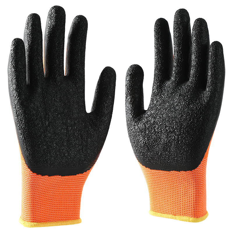                 Orange polyester with black crinkle latex coated gloves            